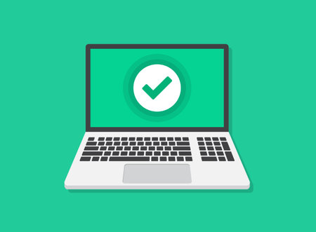 Laptop icon in flat style. Computer vector illustration on isolated background. Approved check mark sign business concept.のイラスト素材