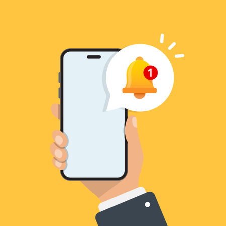 Hand holds phone with notifications icon in flat style. Smartphone with new notice vector illustration on isolated background. Reminder message sign business concept.のイラスト素材