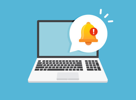 Laptop notification icon in flat style. Computer vector illustration on isolated background. Reminder message sign business concept.のイラスト素材