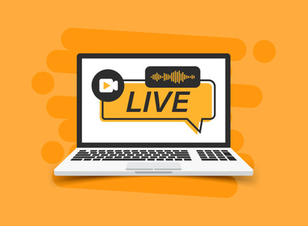 Laptop live webinar icon in flat style. Online seminar vector illustration on isolated background. Online training sign business concept.のイラスト素材