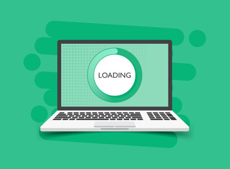 Laptop loading process icon in flat style. Software update vector illustration on isolated background. Updating sign business concept.のイラスト素材