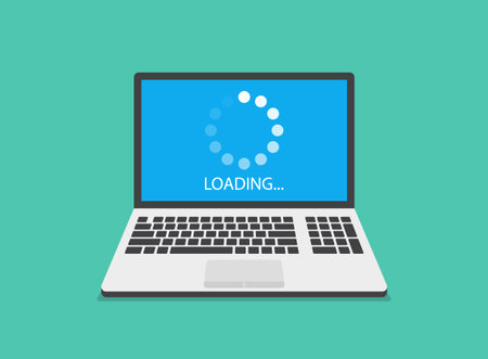 Laptop loading process icon in flat style. Software update vector illustration on isolated...