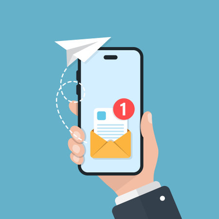 Send email from smartphone in hand icon in flat style. Paper plane vector illustration on isolated background. Message transfer sign business concept.のイラスト素材