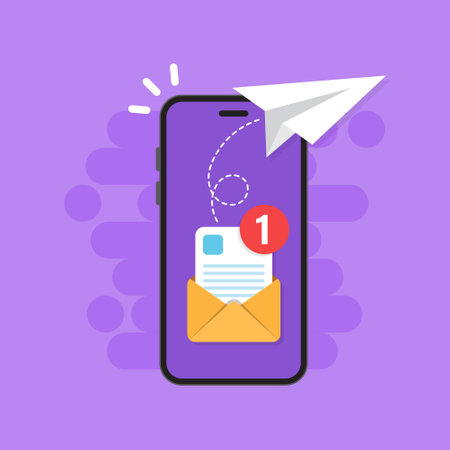 Send email from smartphone icon in flat style. Paper plane vector illustration on isolated background. Message transfer sign business concept.のイラスト素材