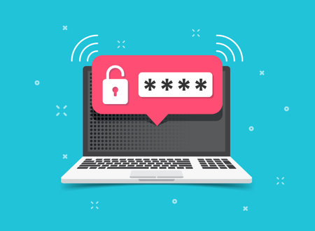 Laptop with account login icon in flat style. Password form page vector illustration on isolated background. User authorization sign business concept.のイラスト素材