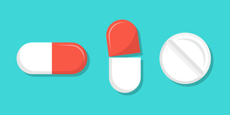 Pills capsules icon in flat style. Medical tablet vector illustration on isolated background....