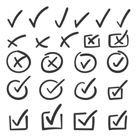 Check mark icon in hand drawn style. Handmade doodle vector illustration on isolated background. Cross, circles, arrow mark sign business concept.のイラスト素材