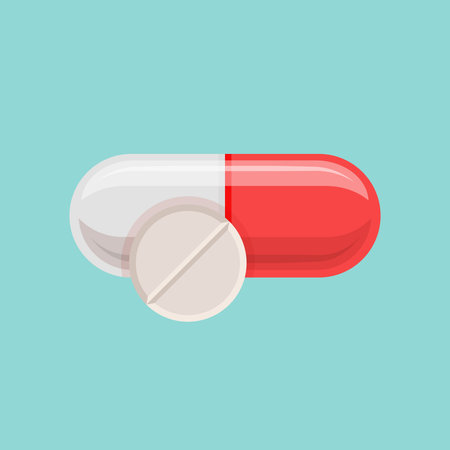 Pills capsules icon in flat style. Medical tablet vector illustration on isolated background. Healthcare drug sign business concept.のイラスト素材