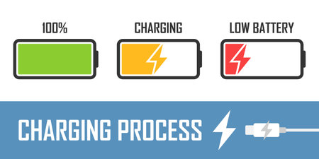 Low battery icon in flat style. Battery charging process vector illustration on isolated background. Accumulator recharge sign business concept.のイラスト素材