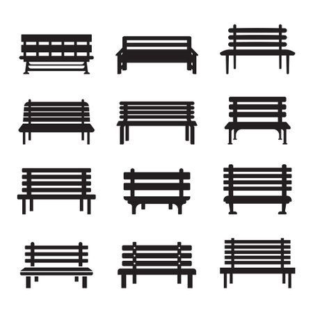 Bench icons set in flat style. Comfortable rest vector illustration on isolated background. Park chair sign business concept.のイラスト素材