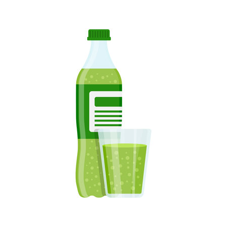 Soda drink icon in flat style. Plastic bottle and drinking glass vector illustration on isolated background. Water beverage sign business concept.のイラスト素材