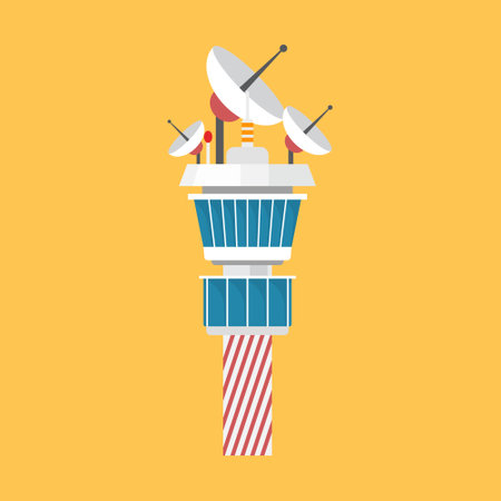 Flight control tower icon in flat style. Navigation monitor vector illustration on isolated background. Airport building sign business concept.のイラスト素材