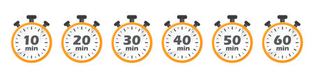 From 10 minutes to 60 minutes on stopwatch icon in flat style. Clock face timer vector illustration...