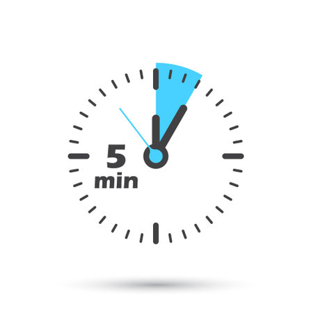 5 minutes on stopwatch icon in flat style. Clock face timer vector illustration on isolated background. Countdown sign business concept.のイラスト素材