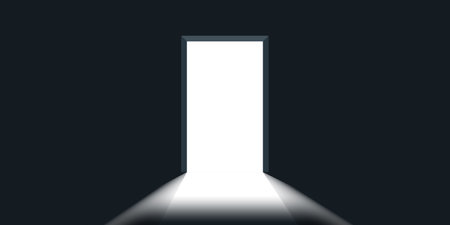 Open door with light icon in flat style. Dark room vector illustration on isolated background. Doorway entrance sign business concept.のイラスト素材