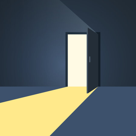 Open door with light icon in flat style. Dark room vector illustration on isolated background. Doorway entrance sign business concept.のイラスト素材