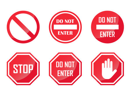 Stop icons set in flat style. Warning symbol vector illustration on isolated background. Do not enter sign business concept.のイラスト素材