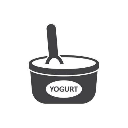 Yogurt container with a spoon icon in flat style. Dairy product background vector illustration on isolated background. Healthy food sign business concept.のイラスト素材
