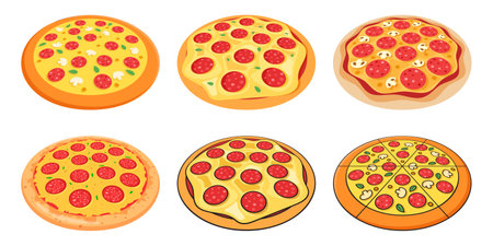 3D Pizza icons set in flat style. Pepperoni food vector illustration on isolated background. Pizzeria sign business concept.のイラスト素材