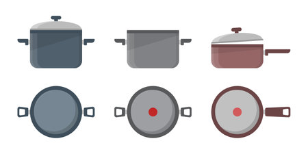 Ð¡ooking pots icons set in flat style. Saucepan vector illustration on isolated background. Pan sign business concept.のイラスト素材