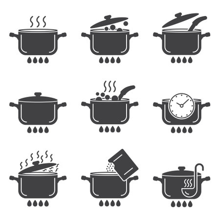 Ð¡ooking pots icons set in flat style. Saucepan vector illustration on isolated background. Pan sign business concept.のイラスト素材