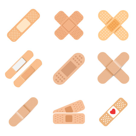 Adhesive medical plaster icons set in flat style. Bandage vector illustration on isolated background. Medical sticker sign business concept.のイラスト素材