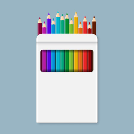 Colorful pencil box mockup icon set in flat style. Crayon vector illustration on isolated background. Drawing equipment sign business concept.のイラスト素材