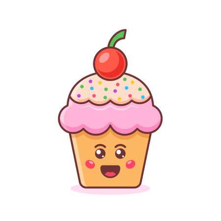 Cute sweet desserts icon in flat style. Kawaii cupcake vector illustration on isolated background. Happy muffin sign business concept.のイラスト素材