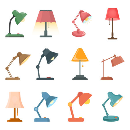 Desk lamp icon set in flat style. Spotlight vector illustration on isolated background. Light bulb sign business concept.のイラスト素材