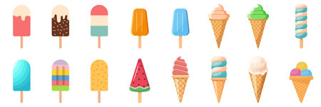 Ice cream icon set collection in flat style. Tasty dessert vector illustration on isolated background. Sweet eating sign business concept.のイラスト素材