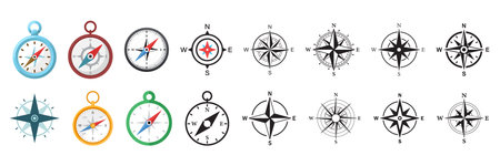 Compass icon set collection in flat style. Navigation equipment vector illustration on isolated background. Geographical position sign business concept.のイラスト素材