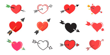 Heart with arrow icon set collection in flat style. Valentines day vector illustration on isolated background. Amour sign business concept.のイラスト素材