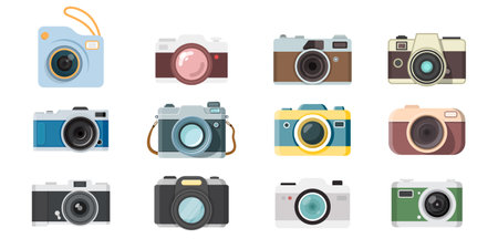 Photo camera icon set in flat style. Photography equipment vector illustration on isolated background. Professional photographic sign business concept.のイラスト素材