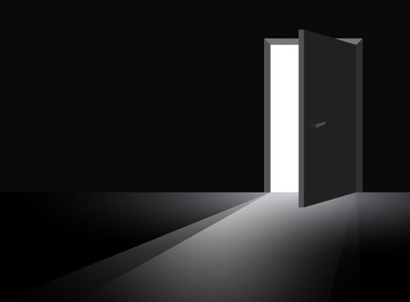 Open door with light icon in flat style. Dark room vector illustration on isolated background. Doorway entrance sign business concept.のイラスト素材