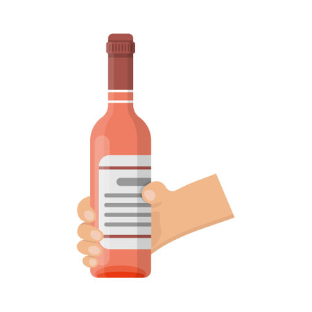 Hand holding wine bottle icon in flat style. Alcohol drink vector illustration on isolated background. Champagne beverage sign business concept.のイラスト素材