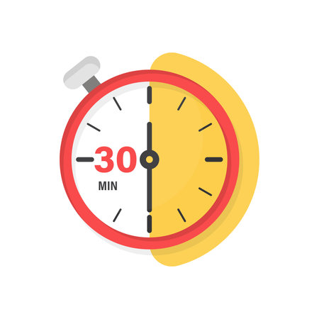30 minutes on stopwatch icon in flat style. Clock face timer vector illustration on isolated background. Countdown sign business concept.のイラスト素材