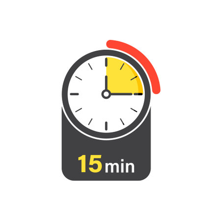 15 minutes on stopwatch icon in flat style. Clock face timer vector illustration on isolated background. Countdown sign business concept.のイラスト素材