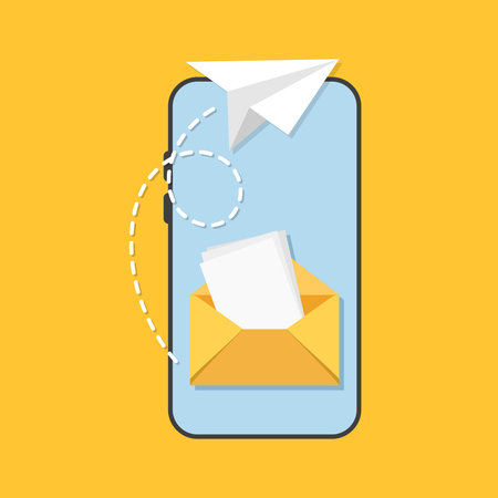 Send email from smartphone icon in flat style. Paper plane vector illustration on isolated background. Message transfer sign business concept.のイラスト素材