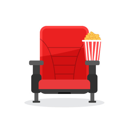 Movie seat with popcorn icon in flat style. Theater armchair vector illustration on isolated background. Spectacle sign business concept.のイラスト素材