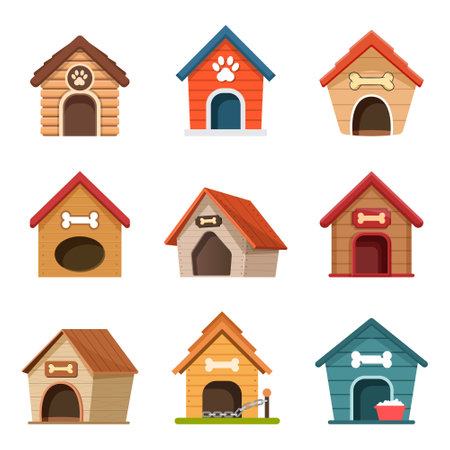 Dog house icon set collection in flat style. Pet home vector illustration on isolated background. Animal shelter sign business concept.のイラスト素材