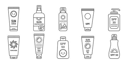 Sunscreen cream icon set collection in flat style. Skin protection vector illustration on isolated...