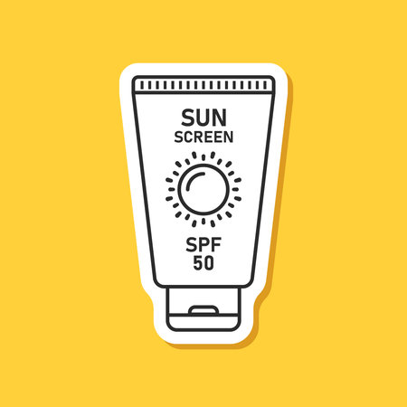 Sunscreen cream paper sticker icon in flat style. Skin protection vector illustration on isolated...
