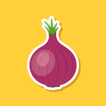 Onion paper sticker icon in flat style. Organic vegetable vector illustration on isolated background. Healthy food sign business concept.のイラスト素材