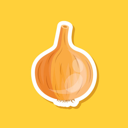 Onion paper sticker icon in flat style. Organic vegetable vector illustration on isolated background. Healthy food sign business concept.のイラスト素材