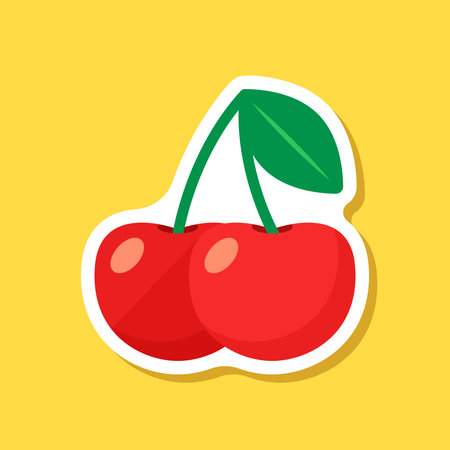 Cherry berry sticker icon in flat style. Fresh fruit vector illustration on isolated background. Fresh cherry sign business concept.のイラスト素材