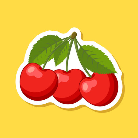 Cherry berry sticker icon in flat style. Fresh fruit vector illustration on isolated background. Fresh cherry sign business concept.のイラスト素材