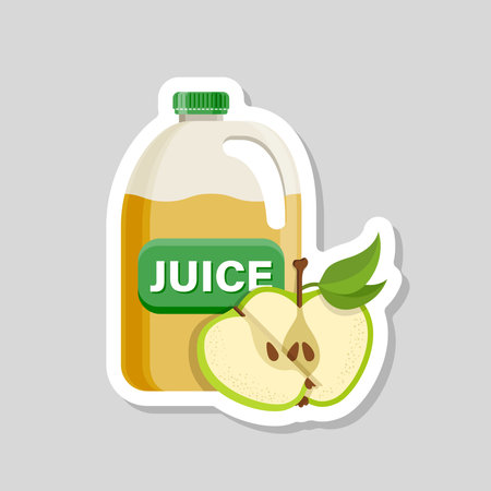 Apple juice sticker in bottle icon in flat style. Fresh fruit drink vector illustration on isolated background. Healthy food sign business concept.のイラスト素材