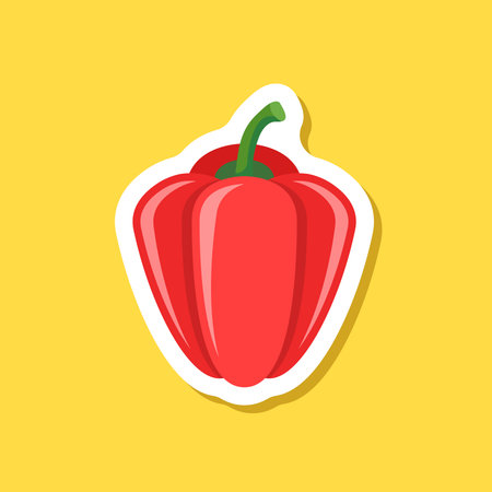 Red pepper bell icon sticker in flat style. Fresh paprika vector illustration on isolated background. Healthy food sign business concept.のイラスト素材