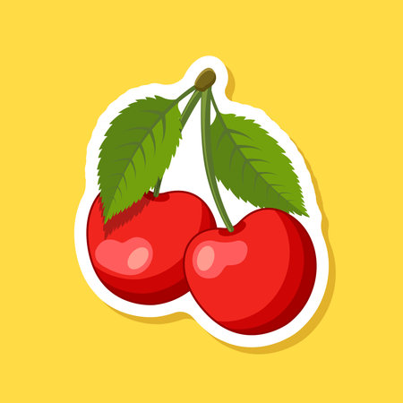 Cherry berry sticker icon in flat style. Fresh fruit vector illustration on isolated background. Fresh cherry sign business concept.のイラスト素材