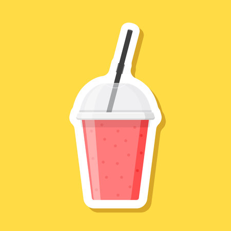 Strawberry red smoothie sticker icon in flat style. Fresh fruits milkshake vector illustration on isolated background. Fruits cocktail sign business concept.のイラスト素材
